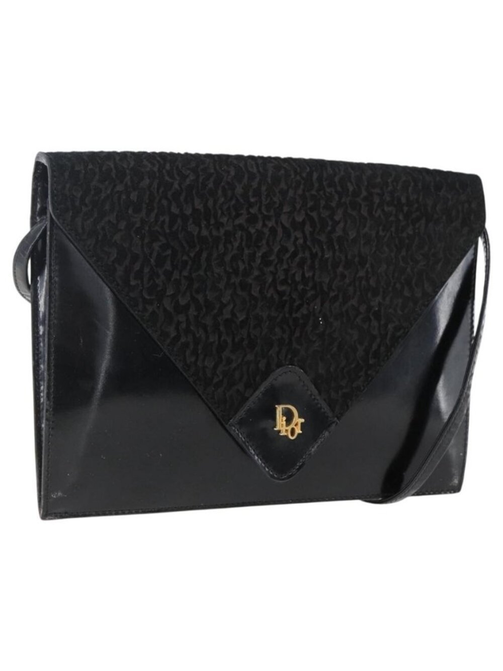 Authentic Christian Dior Shoulder Bag Leather Black Gold